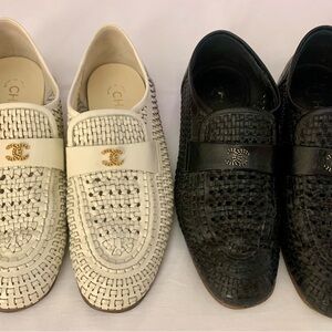 CHANEL Woven Loafers - Cream and Black with Gold Accents